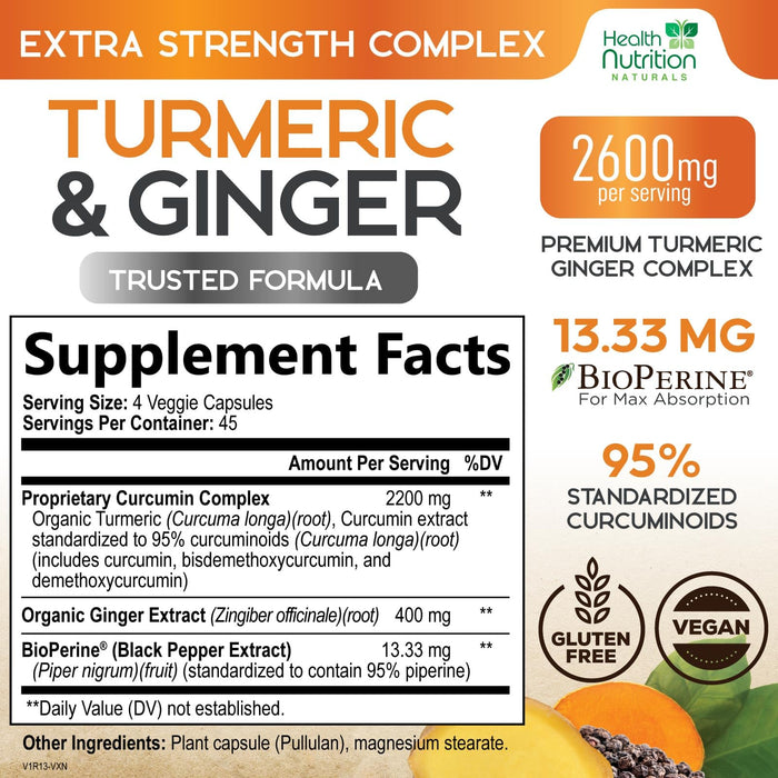 Turmeric Curcumin Supplement 2600mg - with Organic Ginger & Turmeric, 95% Curcuminoids, BioPerine Black Pepper for Best Absorption, Nature's Vegan Joint Support, Non-GMO, Bottled in USA - 180 Capsules