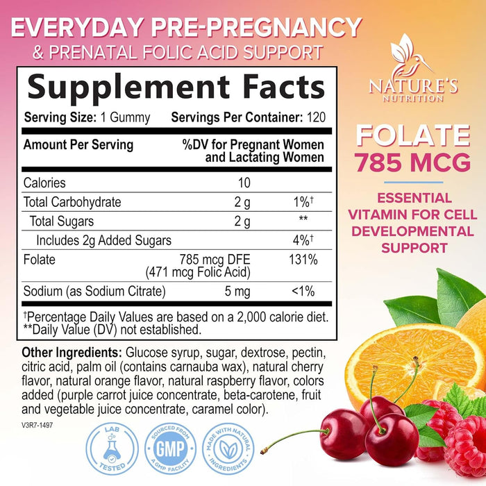 Folic Acid Gummies for Women 785 mcg, Essential Prenatal Vitamins for Mom & Baby, Vegan Folic Supplement Gummy, Daily Vitamin B9 Extra Strength Folate, Before During After Pregnancy - 120 Gummies