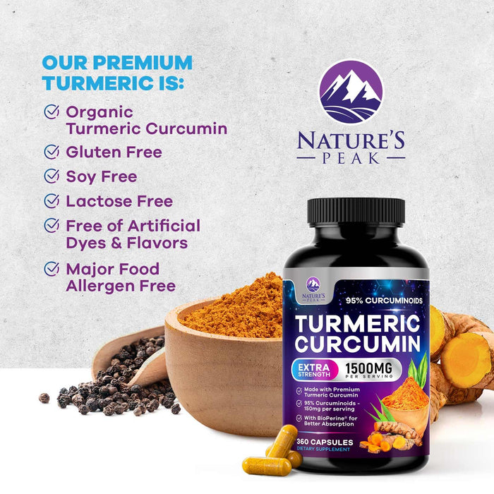 Turmeric Curcumin Supplement with BioPerine 95% Curcuminoids 1500mg with Black Pepper for Best Absorption - Best Natural Vegan Joint Support - Bottled in USA, Non-GMO, Organic Tumeric - 360 Capsules