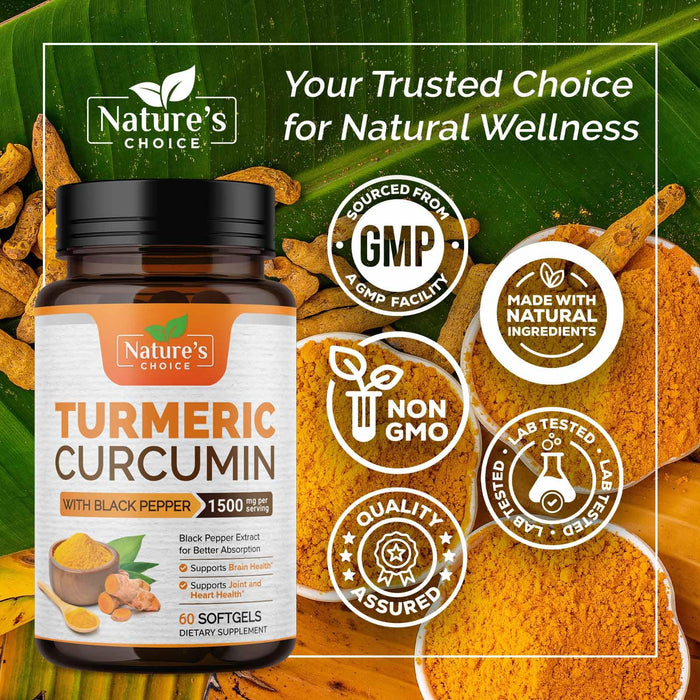 Turmeric Curcumin Supplement 1500mg with Curcuminoids - Tumeric Extract & Black Pepper for Best Advanced Absorption, Nature's Joint Herbal - Immune, Brain, Heart Support, Vegan & Non-GMO - 60 Softgels