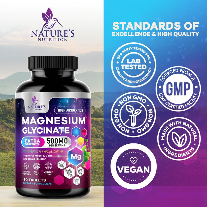 Magnesium Glycinate 500mg - Chelated for Ultra Absorption - Supports Bone, Muscle, Nerves & Heart Health, Nature's Sleep Support, Best Magnesium Supplement Pills for Whole Body Support - 60 Tablets