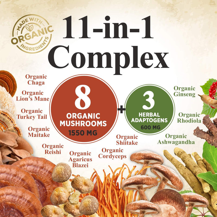Mushroom Supplement Powder - 11 in 1 Complex Formula Powder with Organic Lions Mane, Reishi, Cordyceps, Chaga, Turkey Tail, Maitake Extract for Memory, Brain, Energy, & Immune Support - 60 Servings