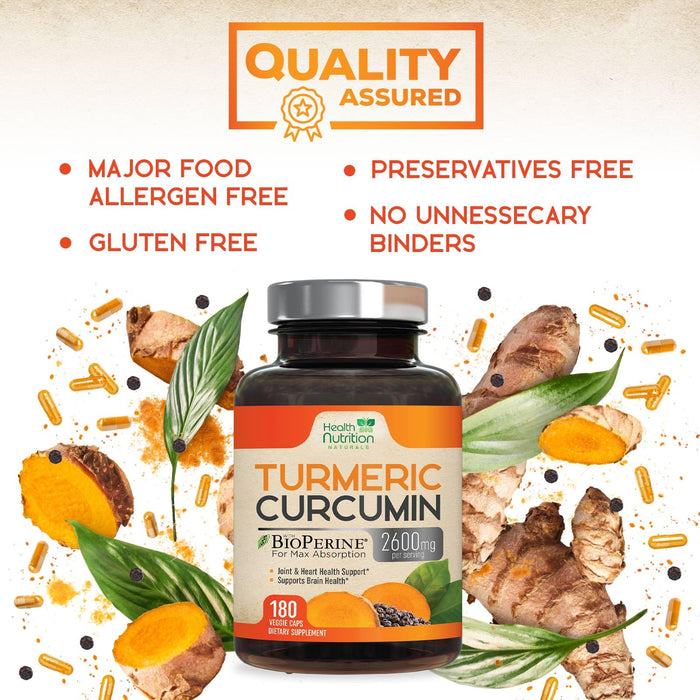 Turmeric Curcumin Supplement 2600mg - 95% Curcuminoids with Organic Turmeric & BioPerine Black Pepper for Best Absorption, Nature's Vegan Joint Support, Non-GMO Tumeric, Bottled in USA - 180 Capsules