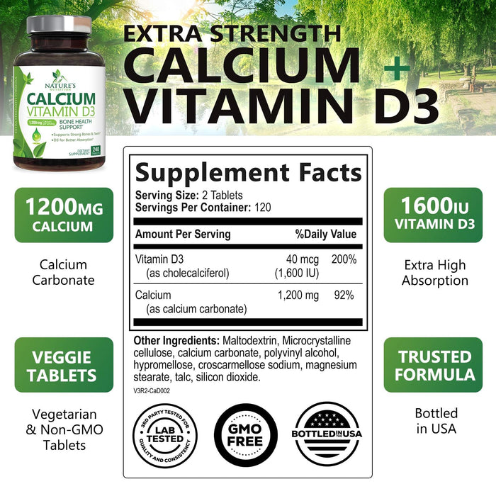 Calcium Supplement with Vitamin D - 1200 mg Calcium Carbonate with 1600 IU of D3 Vitamins - Supports Bone Strength, Teeth & Immune System - Natural & Easily Absorbable for Women & Men - 240 Tablets