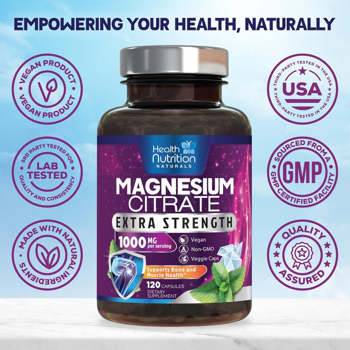 Magnesium Citrate Capsules 1000mg - Max Absorption Magnesium Powder for Muscle, Nerve, Bone and Heart Health Support, High Absorption Citrate Complex, Gluten Free, Non-GMO - 120 Capsules