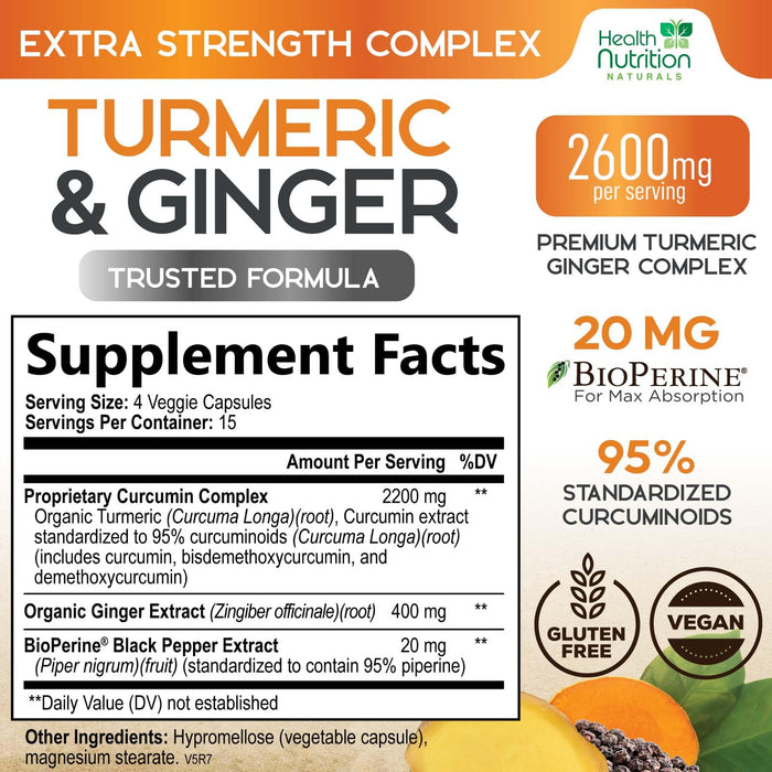 Turmeric Curcumin Supplement 2600mg - with Organic Ginger & Turmeric, 95% Curcuminoids, BioPerine Black Pepper for Best Absorption, Nature's Vegan Joint Support, Non-GMO, Bottled in USA - 60 Capsules