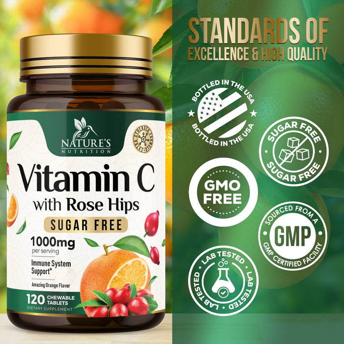 Vitamin C Chewable 1000mg - Extra Strength Antioxidants for Powerful Immune Support w/Vitamin C & Rose HIPS - Potent Dietary VIT C Chews Supplement, Natural, Vegan, Gluten-Free, Non-GMO - 120 Tablets