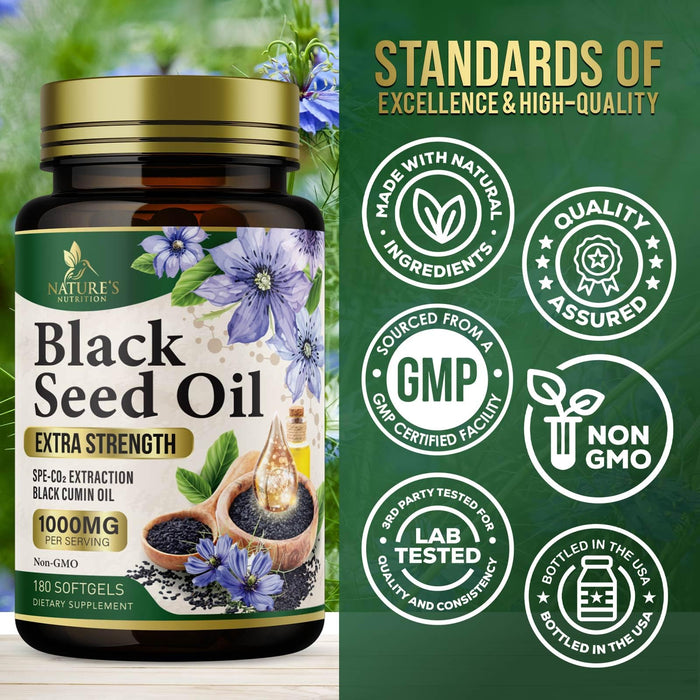 Black Seed Oil Softgels 1000mg - Premium Nigella Sativa Blackseed, Pure Natural Black Cumin Seed Oil & Antioxidant for Skin & Immune Support - Non GMO, Bottled in USA Supplement - 180 Softgels