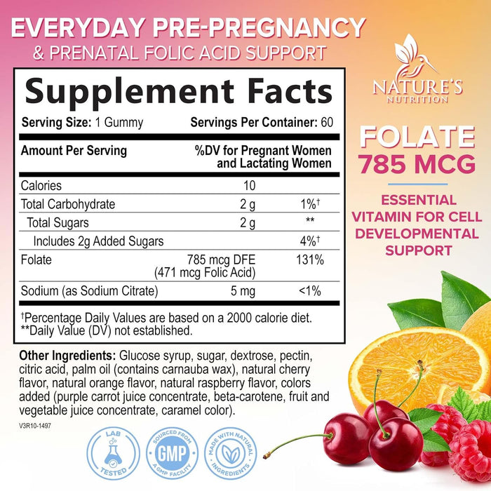 Folic Acid Gummies for Women 785 mcg, Essential Prenatal Vitamins for Mom & Baby, Vegan Folic Supplement Gummy, Daily Vitamin B9 Extra Strength Folate, Before During After Pregnancy - 60 Gummies