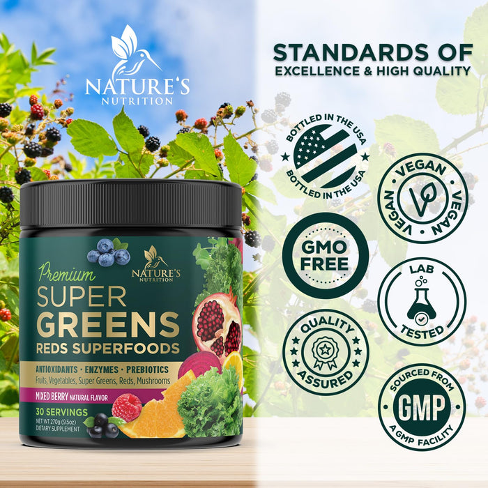Greens Powder Superfood Drink Mix - Green Whole Food Blend for Energy & Gut Health with Organic Wheat Grass, Spirulina, Chlorella, Digestive Enzymes Antioxidant & Fiber, Berry Flavor, 30 Servings