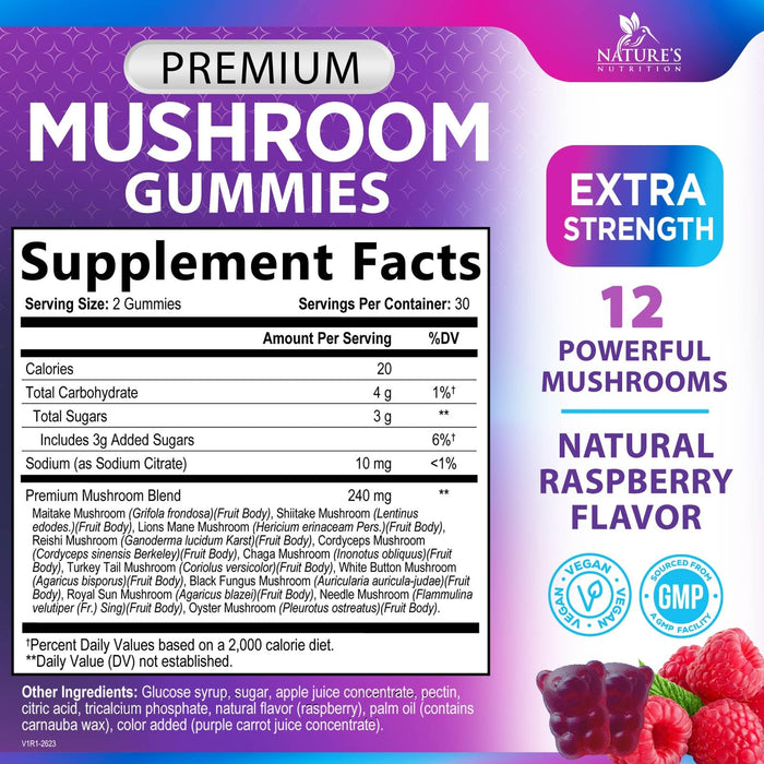 Mushroom Supplement Gummies - 12 in 1 with Lions Mane, Reishi, Cordyceps, Chaga & Turkey Tail Mushroom Complex, Immune Support & Nootropic Brain Supplements for Memory, Energy & Focus - 60 Gummies
