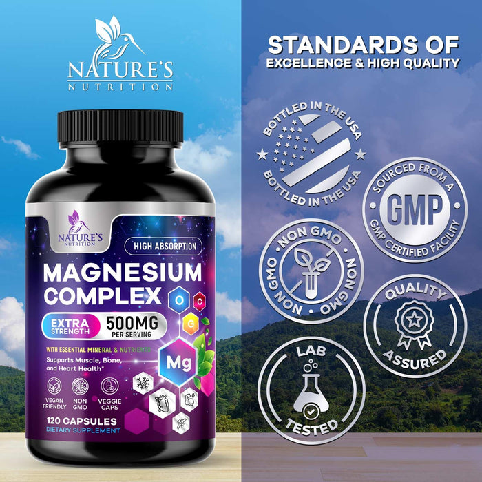 Magnesium Complex Supplement 500 mg - 5 in 1 High Absorption Chelated Magnesium Glycinate, Malate, Citrate, Oxide, Aquamin - Non-GMO Magnesio Capsules, Bone Muscle & Heart Health Support, 120 Capsules