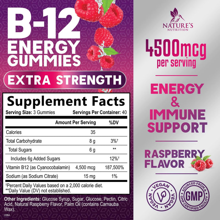 B-12 Vitamin Energy Gummies - 4500mcg Extra Strength B12 Gummy Chewables for Energy Metabolism & Immune Support - Dietary Supplement for Women, Men, & Kids - Non-GMO, Vegan, Berry Flavor - 120 Count