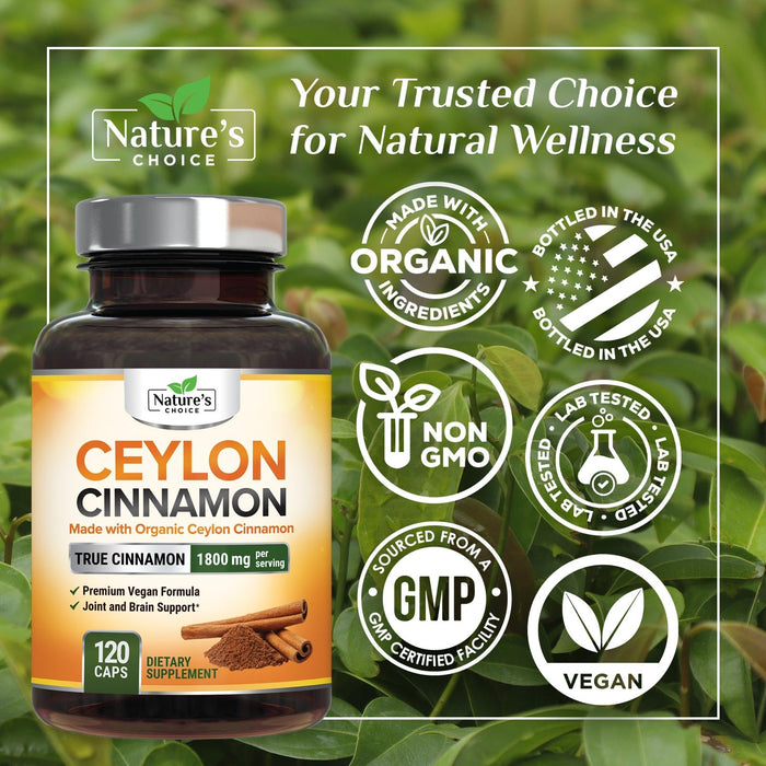 Ceylon Cinnamon Capsules 1800mg - Certified Organic Cinnamon, Bottled in USA, & Pure Extra Strength Ceylon Cinnamon Supplement, Antioxidant Pills, Non-GMO & Gluten Free, Sugar Free - 120 Capsules