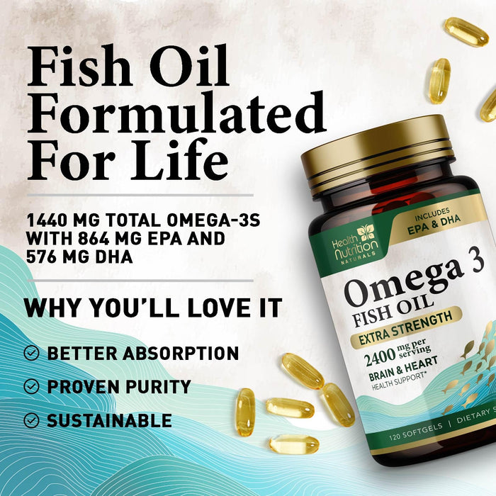 Omega 3 Fish Oil Triple Strength 1200 mg, Omega-3 Supplements, Natural Brain Heart Health & Immune Support - Fatty Acids with EPA & DHA - Wild Caught Purified Fish Oil Supplement - 120 Softgels