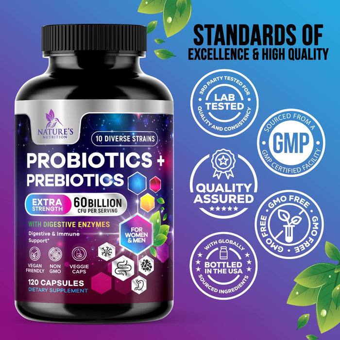 Probiotics for Women & Men 60 Billion CFU - 10 Strains with Lactobacillus, Digestive Gut Health Probiotics & Immune Support Supplement, Supports Occasional Constipation, Gas & Bloating - 120 Capsules