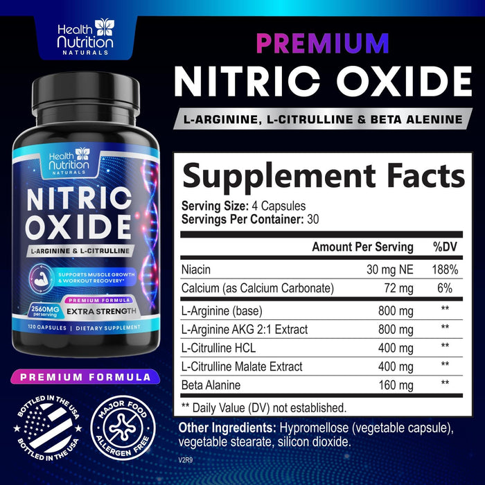 Extra Strength Nitric Oxide Supplement 3X Strength L Arginine, Citrulline Malate, AAKG, Beta Alanine - Premium Muscle Supporting Nitric Booster - Natural Energy & Heart Health Support - 120 Capsules