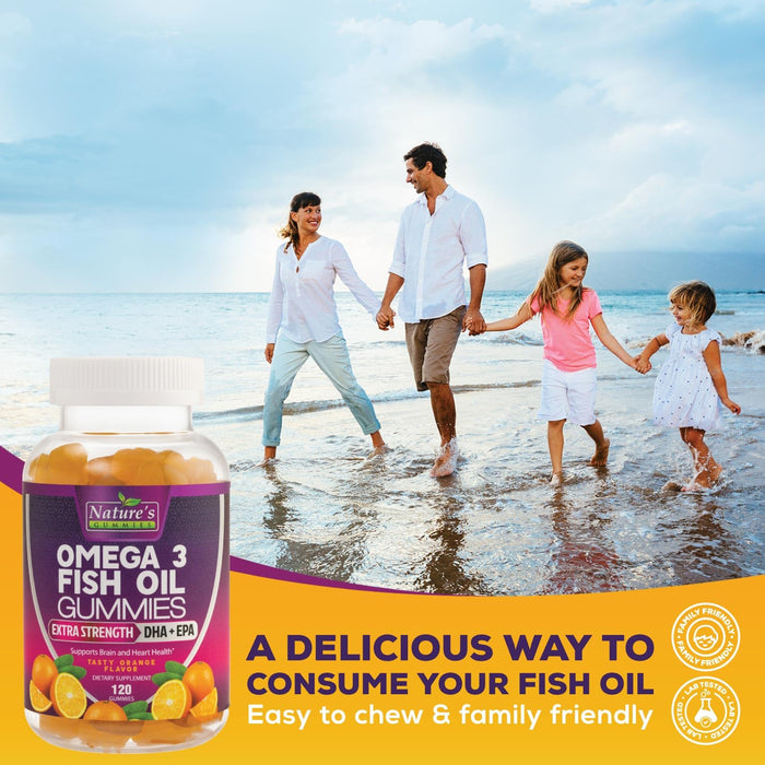 Omega 3 Fish Oil Gummies, Heart Healthy Omega 3 Gummy Supplement with High Absorption DHA & EPA, Extra Strength Joint & Brain Support, Delicious Orange Flavor Fish Oil Nature's Vitamin - 120 Gummies