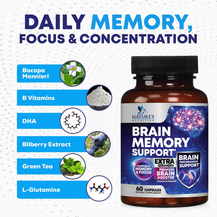 Brain Memory Supplement Pills - Nootropics Support for Concentration, Clarity, Alertness & Focus - Brain Health with Bacopa, Cognitive Vitamins, Phosphatidylserine, DMAE - Brain Booster - 60 Capsules