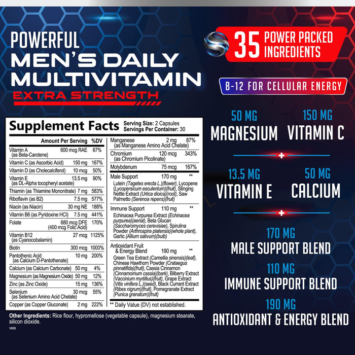 Multivitamin for Men - Vitamin A, C, D, E, Zinc, Calcium, Multivitamins for Immune Health Support, Vitamin B12, Men’s Daily Multivitamin Supplement Capsules, Non-GMO Mens Multi Vitamins - 60 Capsules