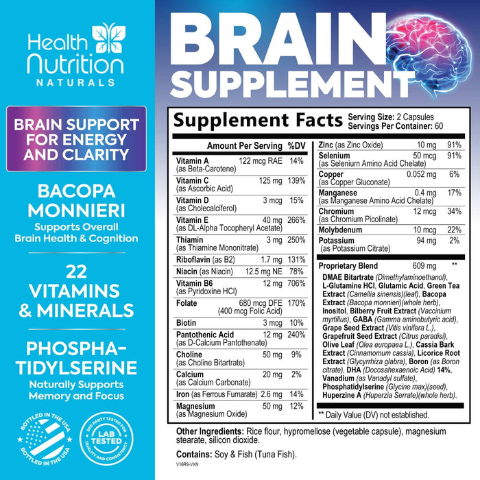 Brain Supplements for Memory and Focus - Extra Strength Nootropic Capsules for Concentration, Alertness, Cognitive Support - Phosphatidylserine, Brain Health Vitamins B6 C E Zinc - 120 Capsules