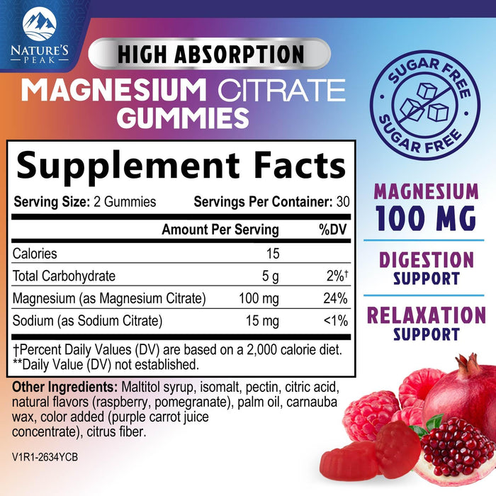 Magnesium Citrate Supplement Gummies Sugar-Free, High Absorption Magnesium Gummy Supplements for Women & Men, Supports Sleep, Heart Health, Bones and Muscles, for Relaxation & Digestion - 60 Gummies