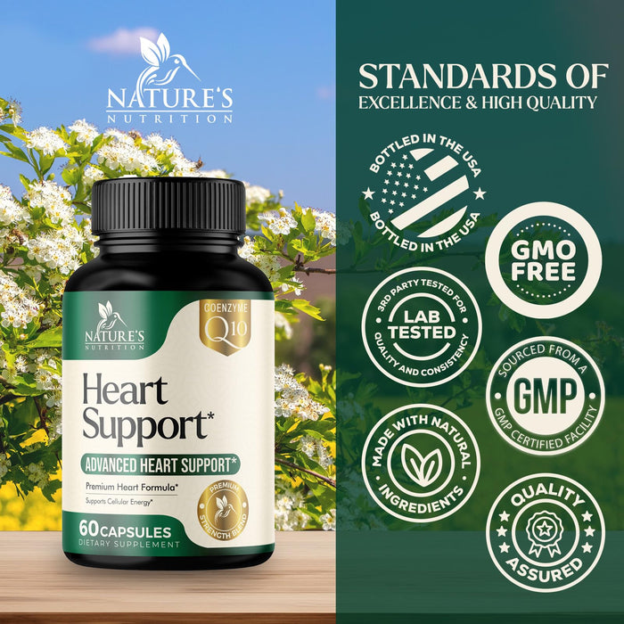 Heart Supplements for Men & Women 1650mg - Antioxidants for Heart Health Support with CoQ10, Hawthorn, Plant Sterol & More Vitamins to Support Nitric Oxide & Energy Production, Non-GMO - 60 Capsules