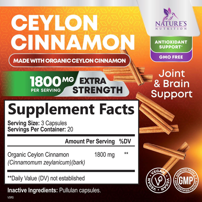 Organic Ceylon Cinnamon Supplement 1800mg - Certified Organic Ceylon Cinnamon Powder Pills - Energy & Heart Support for Women & Men, Bottled in USA, Antioxidant, Gluten Free, Non-GMO - 60 Capsules