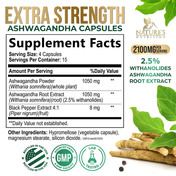 Ashwagandha Capsules for Women & Men - 2100mg Ashwagandha Supplement, Natural Antioxidant Support, Ashwa Root Extract, Extra Strength Calm Support with Black Pepper, Vegan & Gluten Free - 60 Capsules