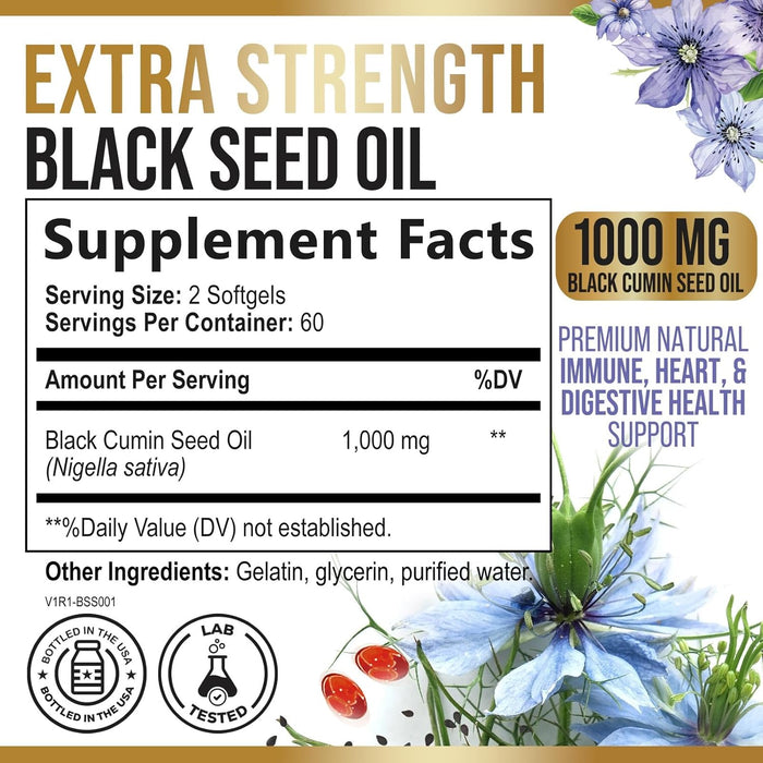Black Seed Oil Softgels 1000mg - Premium Nigella Sativa Blackseed, Pure Natural Black Cumin Seed Oil & Antioxidant for Skin & Immune Support - Non GMO, Bottled in USA Supplement - 120 Softgels