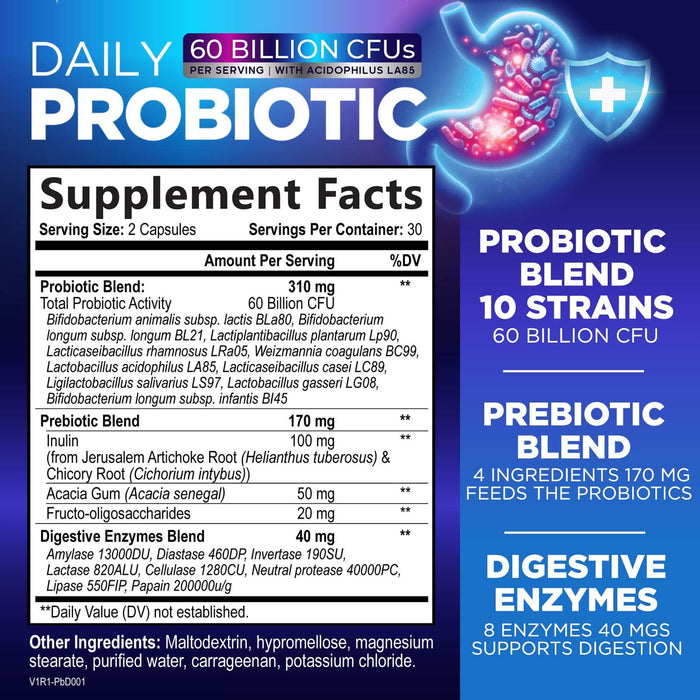 Probiotics 60 Billion CFU - 10 Strains + Digestive Enzymes & Prebiotics - Best Probiotic for Women & Men, Supports Immune, Gut Health, Occasional Constipation, Diarrhea, Gas & Bloating - 60 Capsules