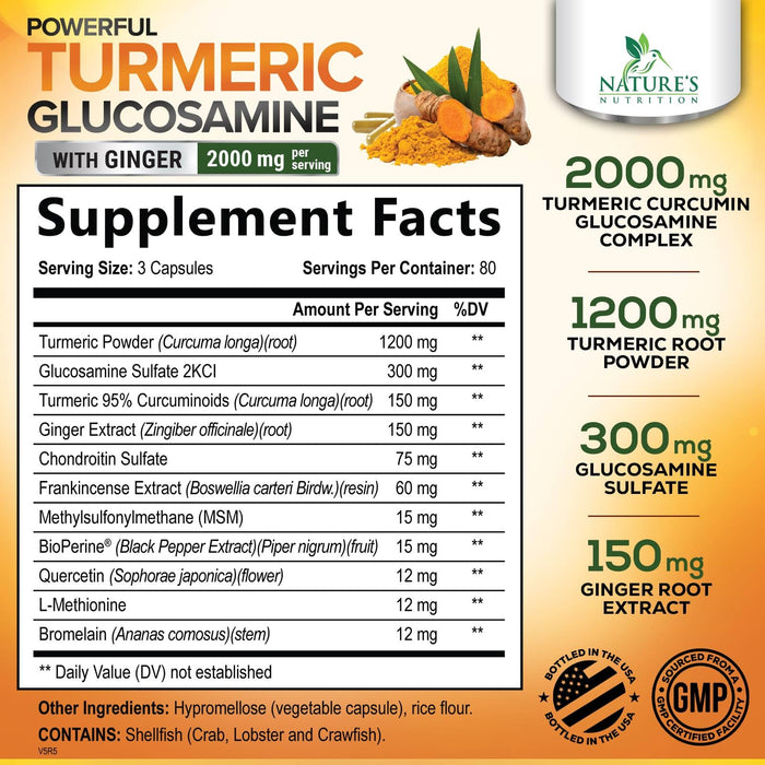 Turmeric Curcumin Supplement 2000mg with Glucosamine Chondroitin & Ginger, 95% Curcuminoids, BioPerine Black Pepper for Best Absorption, Nature's Joint Support, Non-GMO, Bottled in USA - 240 Capsules
