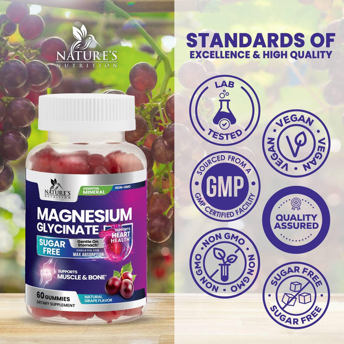 Magnesium Glycinate Supplement Gummies - Magnesium Supplement with Bone Muscle Heart Health & Sleep Support - Gentle on Stomach & Chelated for Max Absorption - Grape Flavor & Sugar Free - 60 Gummies