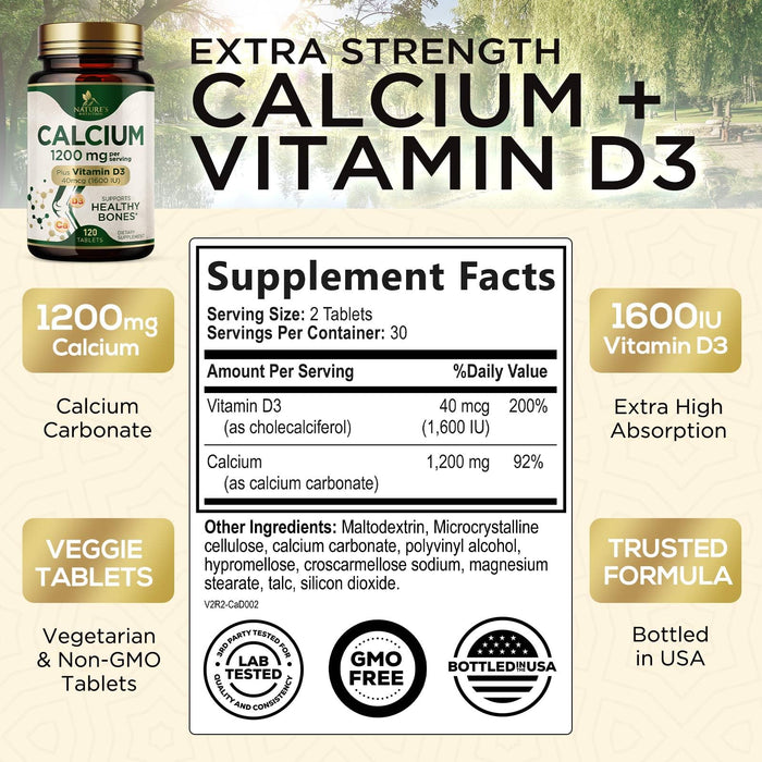 Calcium 1200 mg with Vitamin D3, Calcium Supplement Vitamins, Supports Bone Strength, Teeth & Immune System, Calcium Supplements for Women & Men, Nature's Absorbable Calcium Carbonate - 60 Tablets