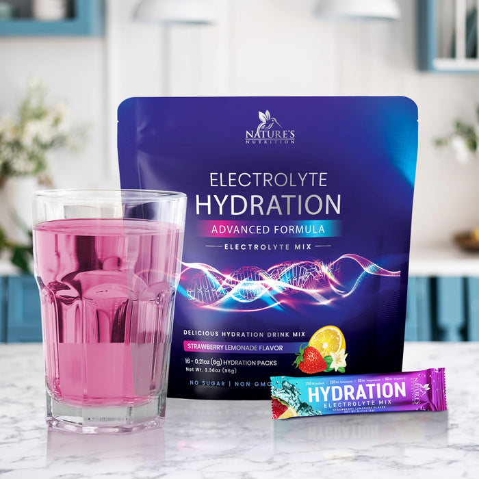 Hydration Electrolyte Packets - Daily Liquid Replenisher Powder - Electrolyte Multiplier with Minerals, Potassium & Real Salt - Vegan, Non-GMO - Tasty Lemon Flavor Hydration Electrolytes - 16 Servings