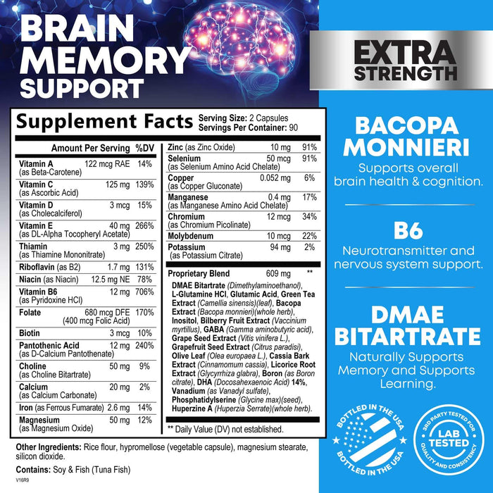 Brain Memory Supplement Pills - Nootropics Support for Concentration, Clarity, Alertness & Focus - Brain Health with Bacopa, Cognitive Vitamins, Phosphatidylserine, DMAE - Brain Booster - 180 Capsules