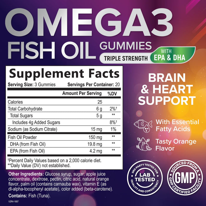 Omega-3 Gummies, Fish Oil Gummies for Adults & Kids, Omega-3 Gummy Vitamins, EPA & DHA Fish Oil Fatty Acids Gummy Supplement, Nature's Supplements for Joint, Heart Health, & Brain Support - 60 Count