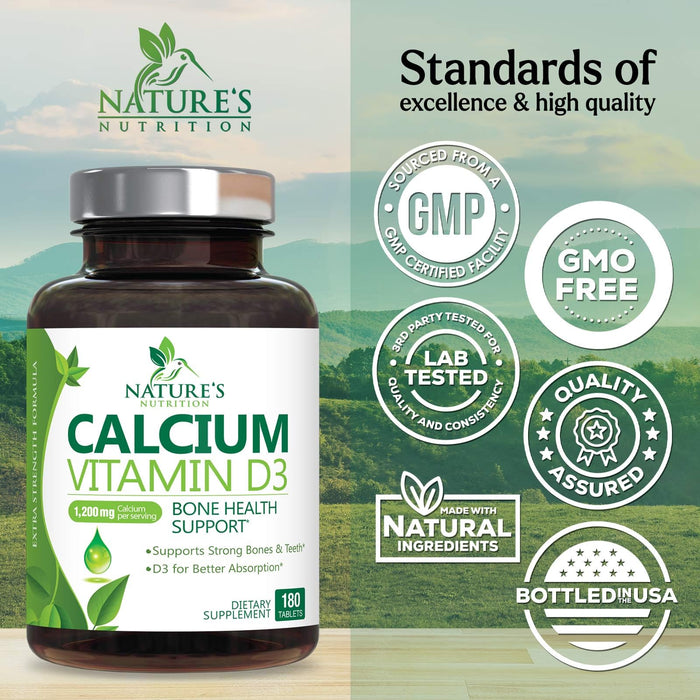 Calcium Supplement with Vitamin D - 1200 mg Calcium Carbonate with 1600 IU of D3 Vitamins - Supports Bone Strength, Teeth & Immune System - Natural & Easily Absorbable for Women & Men - 180 Tablets