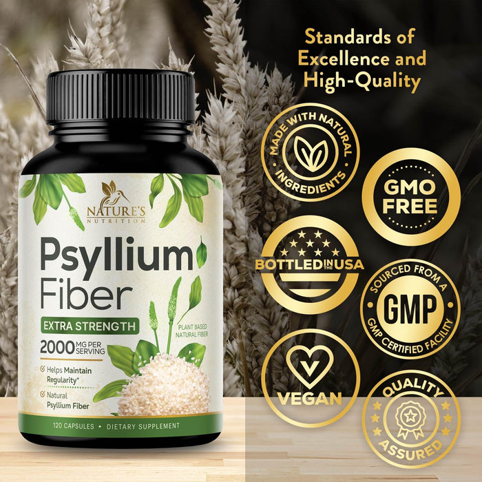 Psyllium Husk Fiber Supplement 2000mg, Natural Daily Soluble & Insoluble Fiber Pills, Psyllium Husk Powder Capsules Supports Digestion Colon Health & Regularity, Plant Based Supplement - 120 Capsules
