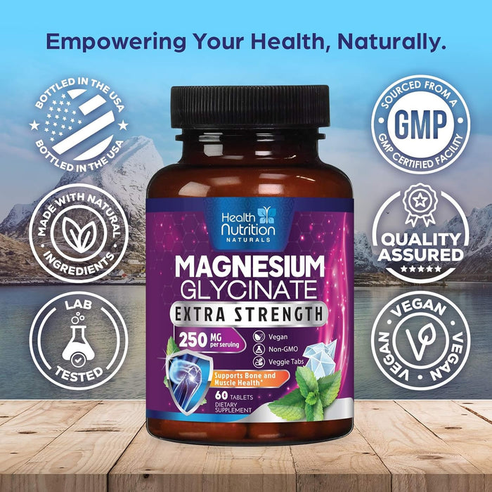 Magnesium Glycinate 250mg - 100% Chelated Magnesium for Max Absorption - Sleep Support, Muscle, Nerves, Bone & Heart Health Support, Best Mag Supplement, Vegan Non-GMO, 3rd Party Tested - 60 Tablets