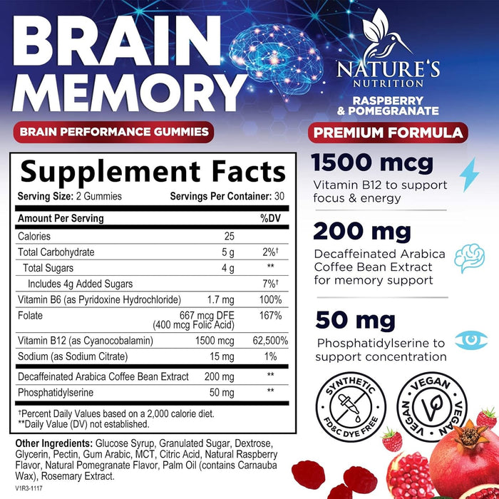 Brain Supplement Gummies for Concentration Memory & Focus Support - Brain Clarity Health with B6 B12, Phosphatidylserine, Coffee Extract, Nootropics Cognitive Vitamins for Adults - 60 Vegan Gummies