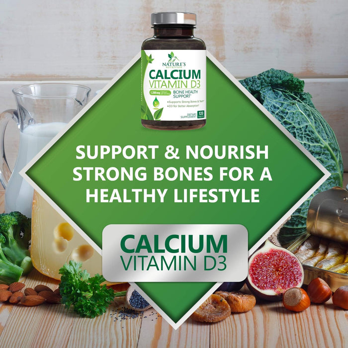 Calcium Supplement with Vitamin D - 1200 mg Calcium Carbonate with 1600 IU of D3 Vitamins - Supports Bone Strength, Teeth & Immune System - Natural & Easily Absorbable for Women & Men - 120 Tablets