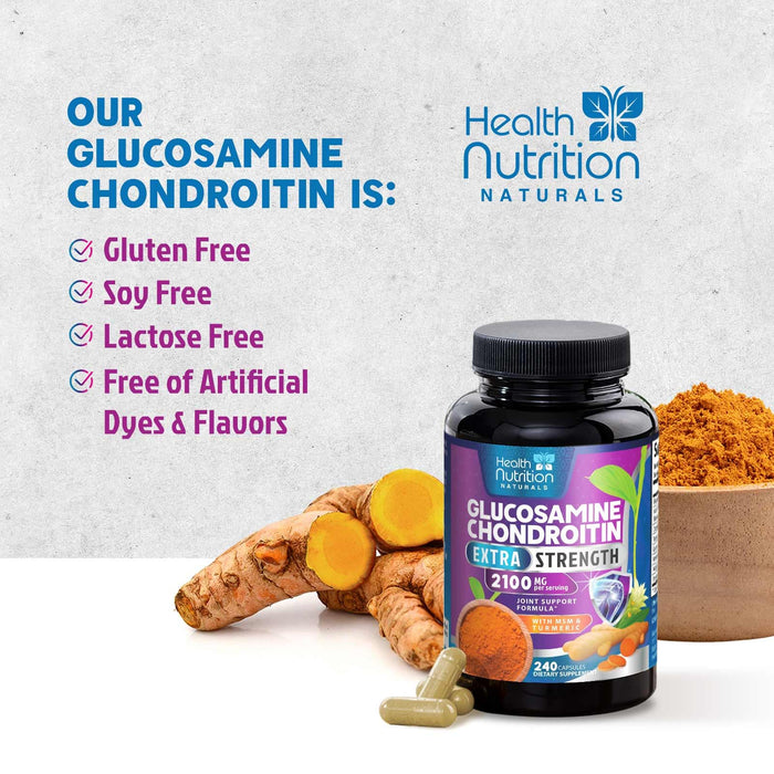 Glucosamine Chondroitin MSM 2100mg Complex - Joint Health Supplement with Turmeric & Boswellia - Quercetin for Cartilage, Flexibility & Mobility - Triple Strength Glucosamine Sulfate - 240 Capsules