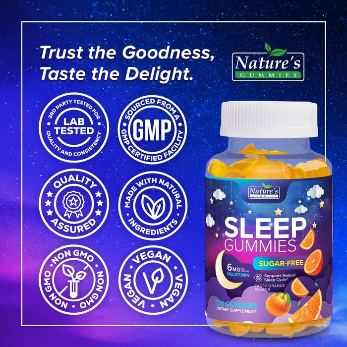 Sleep Gummies 6mg - Melatonin Gummy for Adults, Sugar Free, Natural Sleeping Gummy for Adults, Kids, Orange Flavored, Vegan, Non-GMO, Extra Strength Sleep Vitamin Support Supplement - 120 Gummies