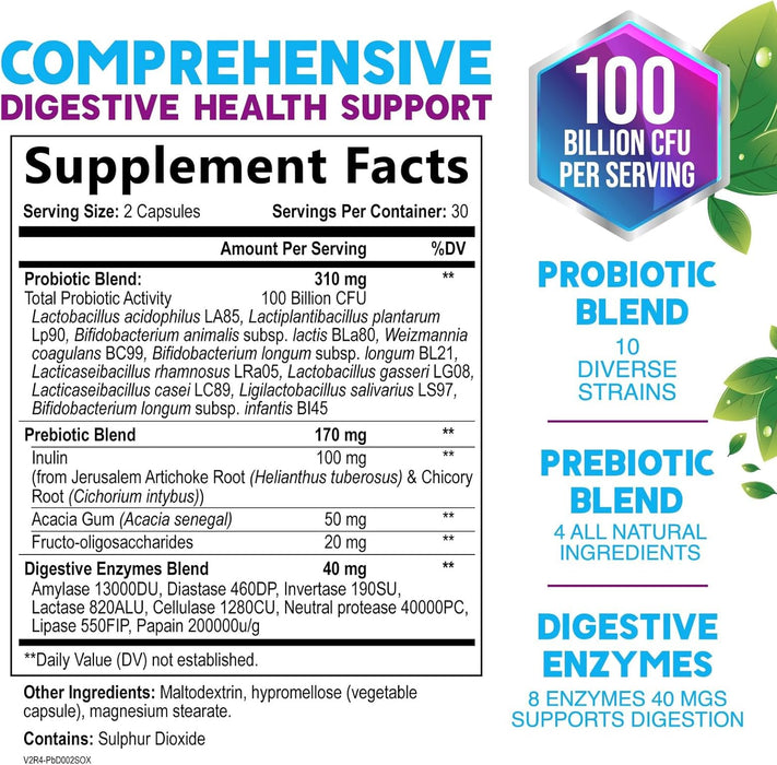 Probiotics for Women & Men 100 Billion CFU - 10 Strains with Lactobacillus, Digestive Gut Health Probiotics & Immune Support Supplement, Supports Occasional Constipation, Gas & Bloating - 60 Capsules