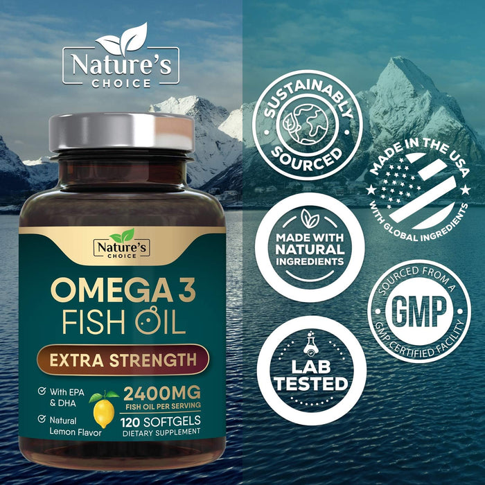 Omega 3 Fish Oil Supplement 2400 mg - Triple Strength EPA & DHA Fish Oil Omega 3, Essential Fatty Acids Supplement Softgels, Brain & Heart Health Support Supplements, Gluten Free Non-GMO, 120 Softgels