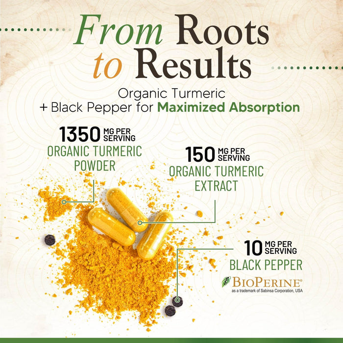 Turmeric Curcumin Supplement 1500mg - Organic Tumeric & BioPerine Black Pepper for Best Absorption with 95% Curcuminoids, Nature's Joint & Immune Support, Non-GMO, Bottled in USA - 120 Capsules