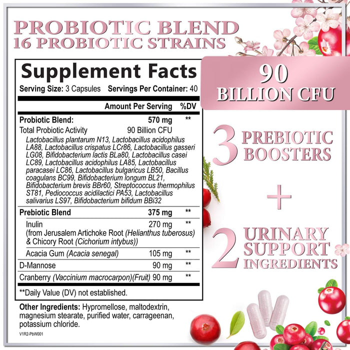 Probiotics for Women Supplement with Cranberry - 16 Premium Strains for PH Balance, Digestive Health, Vaginal & Immune Support, 90 Billion CFU, Women's Probiotic, UT, & Feminine Health - 120 Capsules