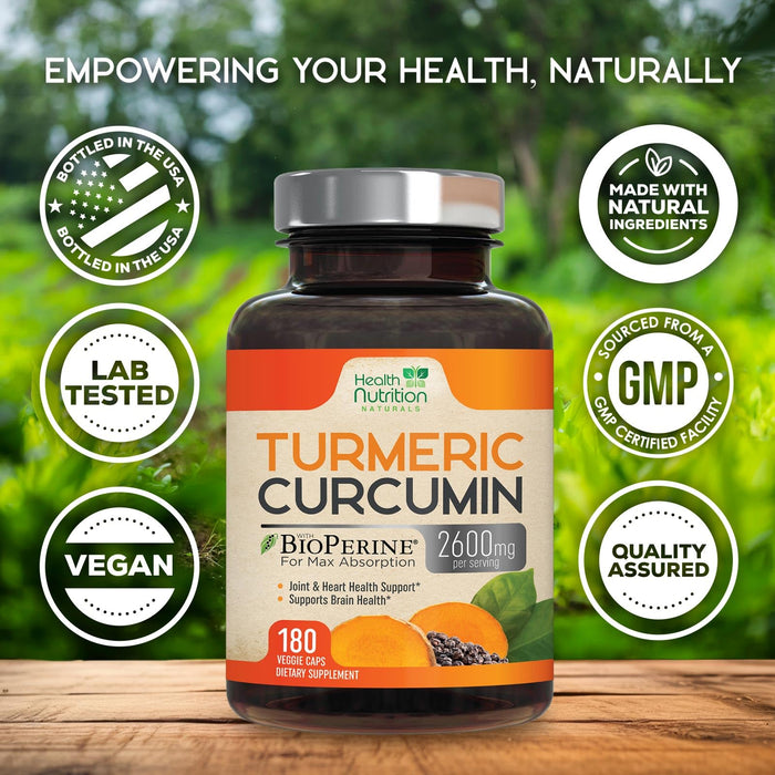 Turmeric Curcumin Supplement 2600mg - 95% Curcuminoids with Organic Turmeric & BioPerine Black Pepper for Best Absorption, Nature's Vegan Joint Support, Non-GMO Tumeric, Bottled in USA - 180 Capsules