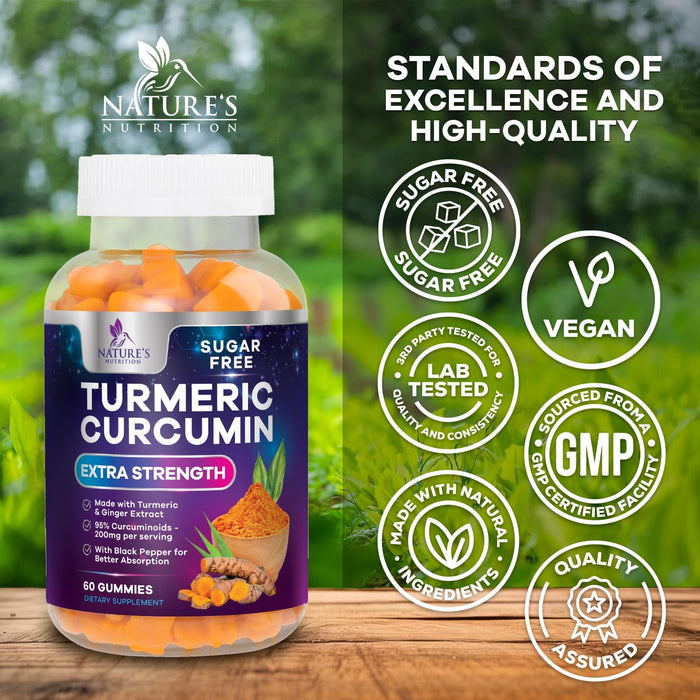 Turmeric Supplement Gummies Sugar Free - Turmeric Curcumin and Ginger Gummies with Black Pepper Extract for High Absorption, Turmeric Curcumin Gummy for Joint Support, Non-GMO, Gluten Free, 60 Count